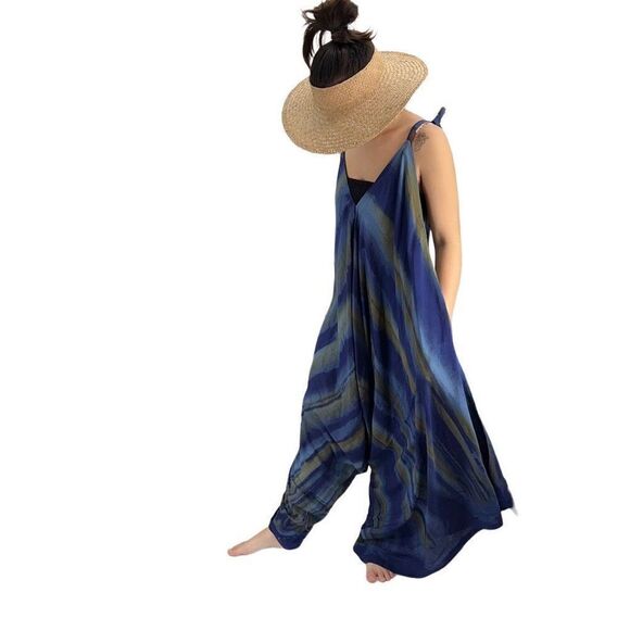 Pōʻalima Blue Tan Tropical Boho Wide Leg Beach Romper - Picture 10 of 14